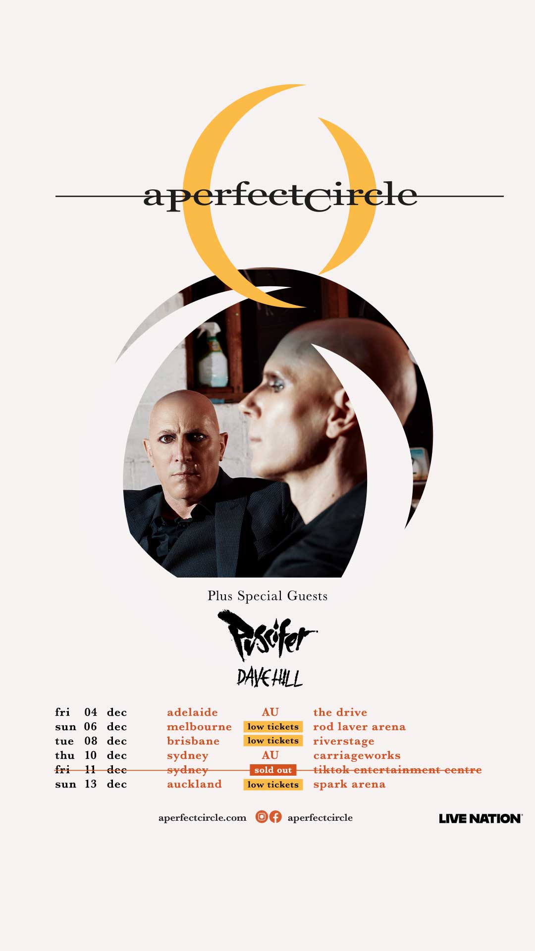 A Perfect Circle tour poster featuring Maynard James Keenan and Billy Howerdel with Puscifer and Dave Hill, listing Australia and NZ concert dates.